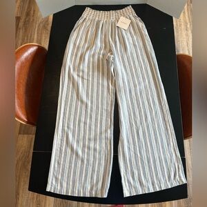 Blue and Tan Elastic Waist Linen Blend Wide Leg Pants